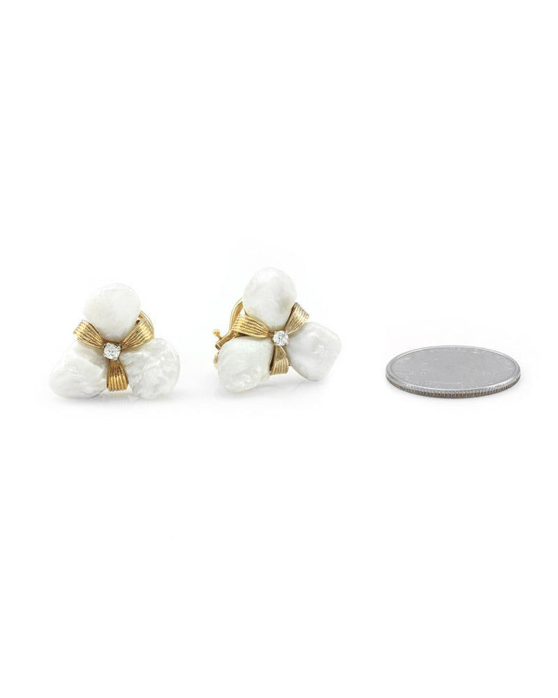 Ruser Fresh Water Pearl and Diamond Earrings in Yellow Gold