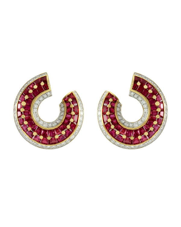 Genuine Ruby & Diamond Wrap Earrings in 18K Yellow Gold