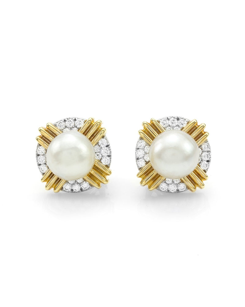 South Sea Pearl & Pave Diamond Button Earrings in 14K Gold