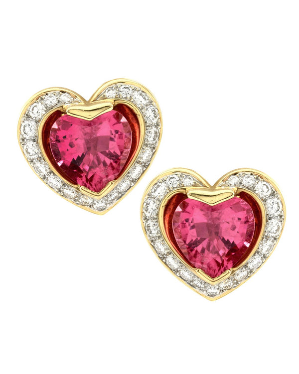 Pink Tourmaline Hearts and Diamond Halo Earrings in Gold