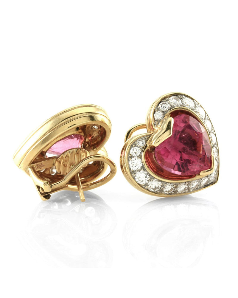 Pink Tourmaline Hearts and Diamond Halo Earrings in Gold