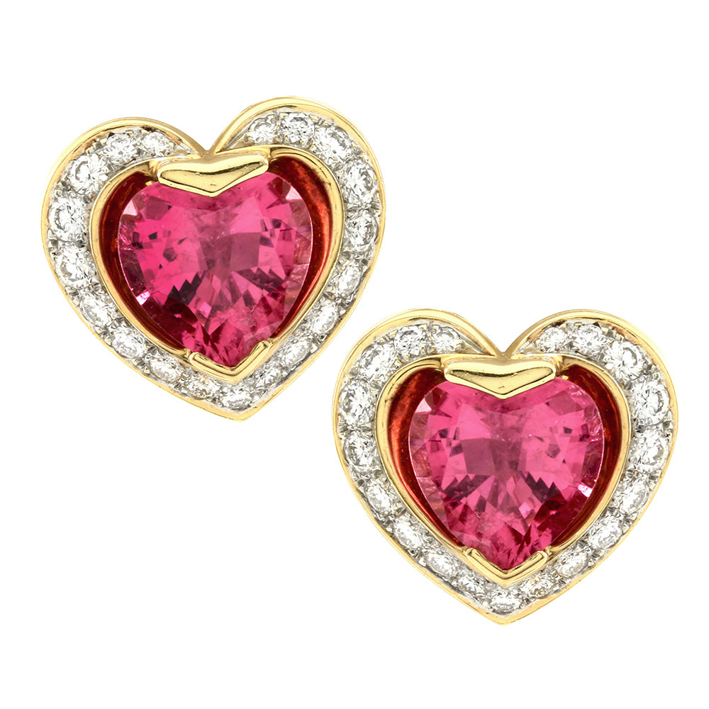 Pink Tourmaline Hearts and Diamond Halo Earrings in Gold