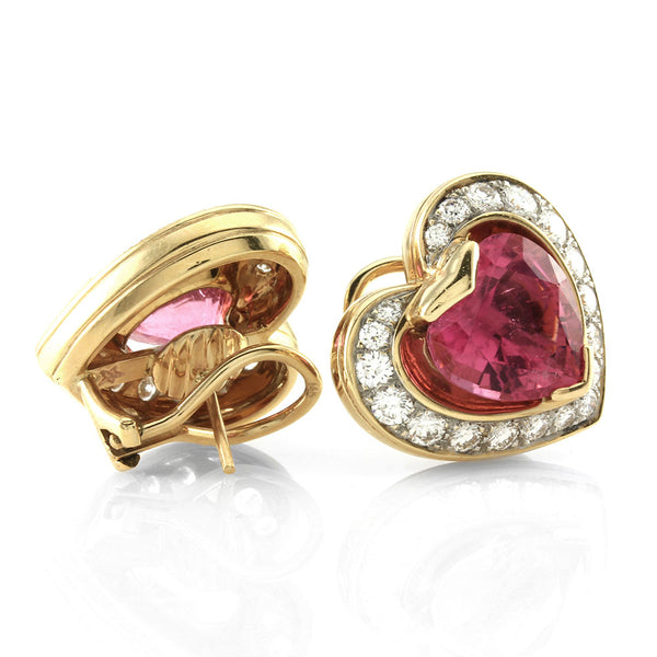 Pink Tourmaline Hearts and Diamond Halo Earrings in Gold