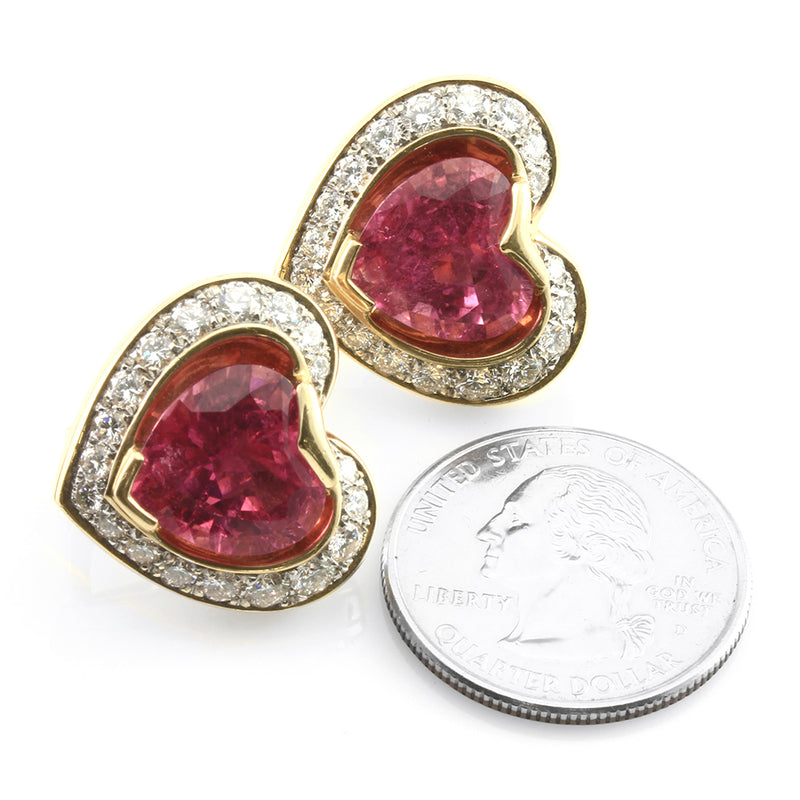 Pink Tourmaline Hearts and Diamond Halo Earrings in Gold