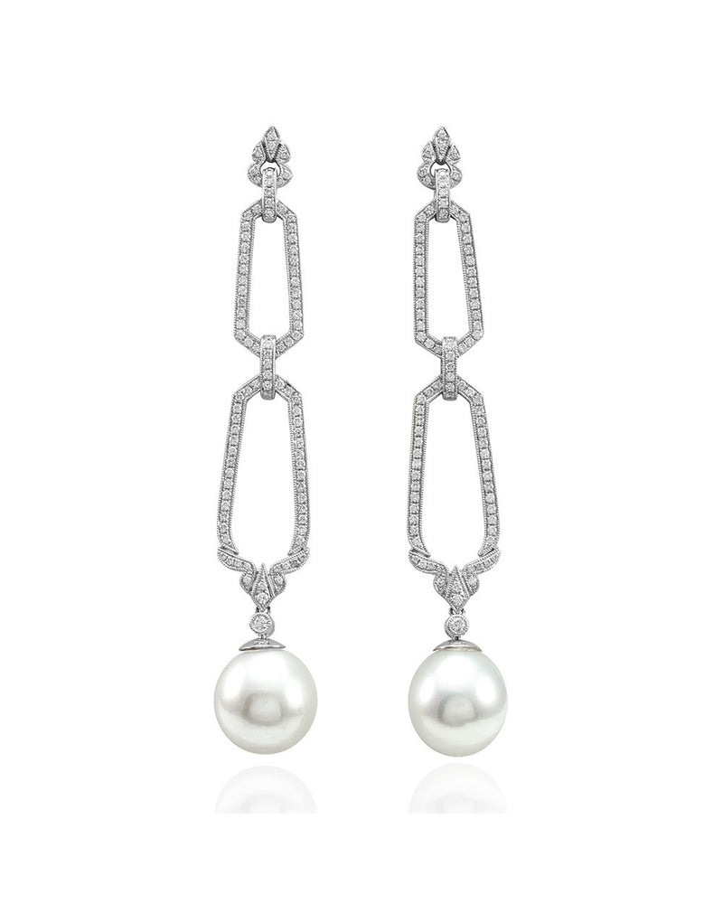 South Sea Pearl & Pave Diamond Milgrain Drop Dangle Earrings in 18K White Gold