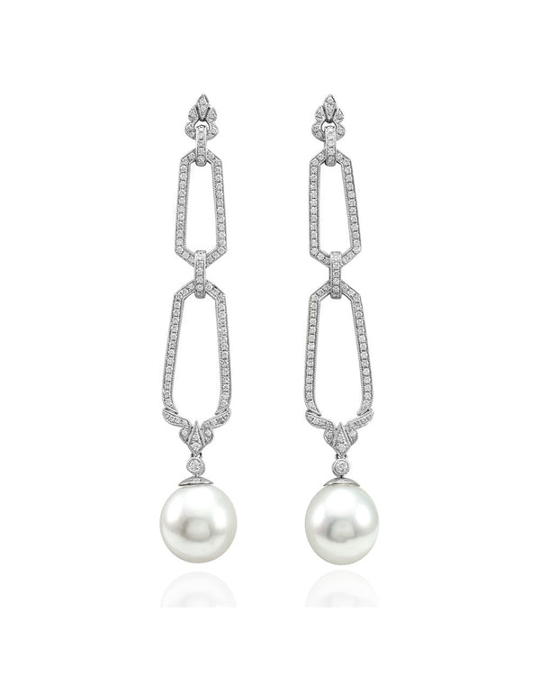 South Sea Pearl & Pave Diamond Milgrain Drop Dangle Earrings in 18K White Gold