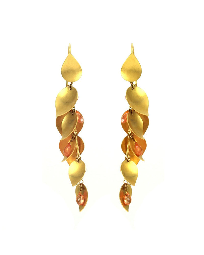 Briolette Golden Beryl Drop Earrings with Leaf Motif in 18K Yellow Gold