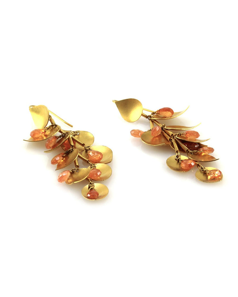 Briolette Golden Beryl Drop Earrings with Leaf Motif in 18K Yellow Gold