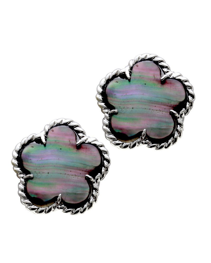 Black Mother of Pearl Clover Button Earrings with Rope Details in 14K White Gold