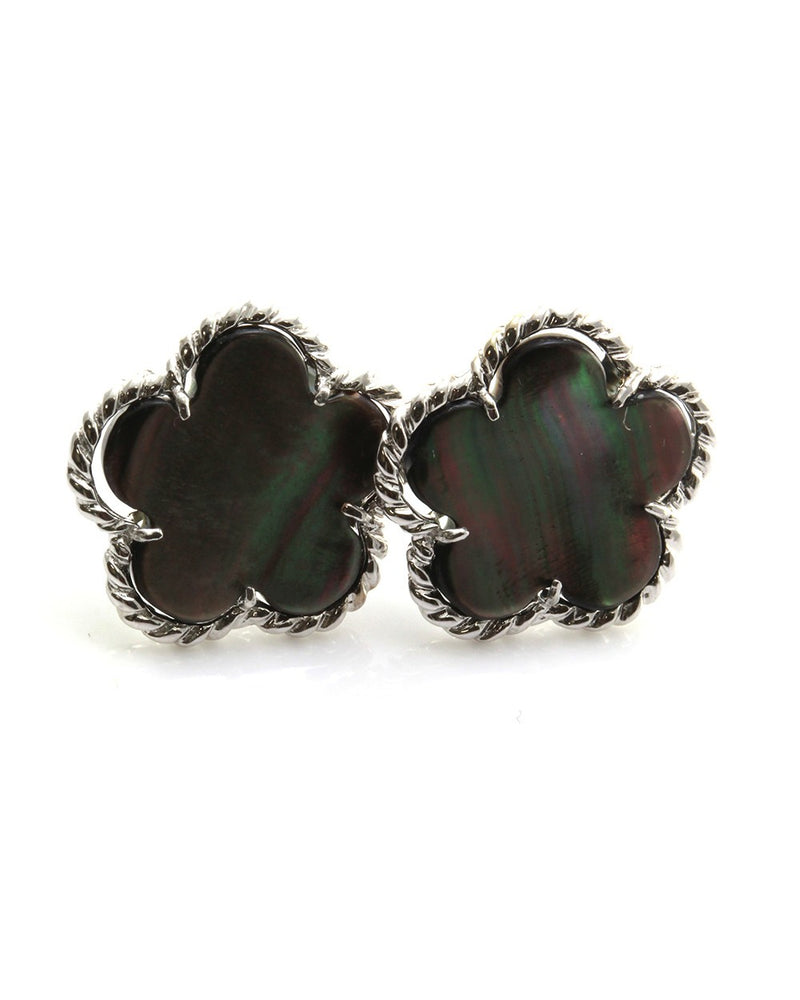 Black Mother of Pearl Clover Button Earrings with Rope Details in 14K White Gold