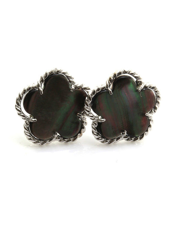 Black Mother of Pearl Clover Button Earrings with Rope Details in 14K White Gold