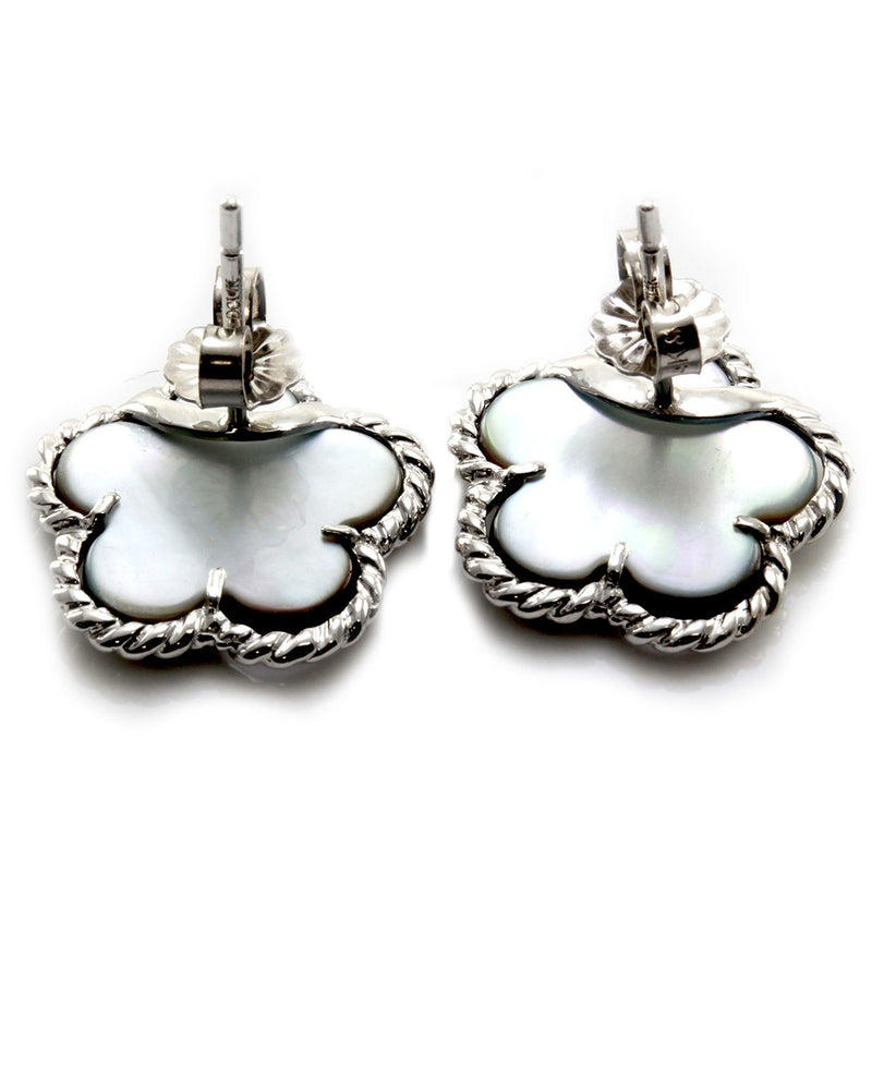 Black Mother of Pearl Clover Button Earrings with Rope Details in 14K White Gold