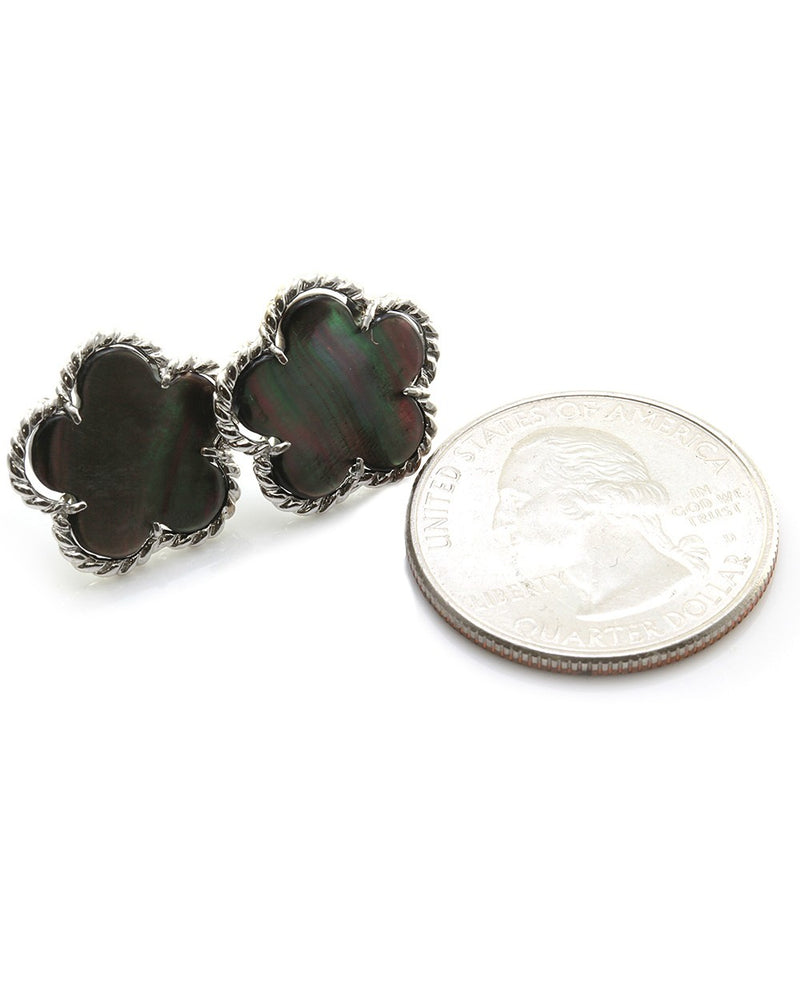 Black Mother of Pearl Clover Button Earrings with Rope Details in 14K White Gold