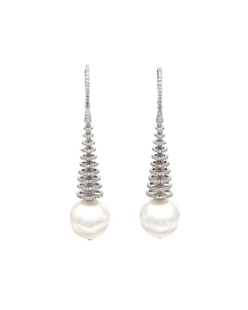 South Sea Pearl and Pave Diamond Spiral Earrings in Gold