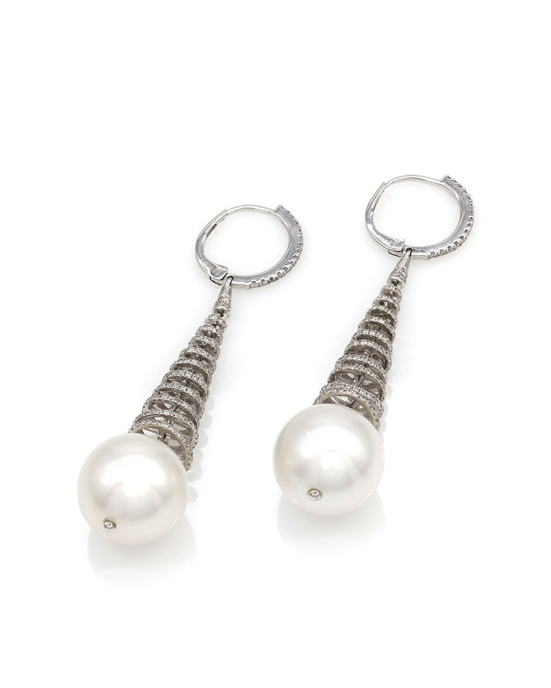 South Sea Pearl and Pave Diamond Spiral Earrings in Gold