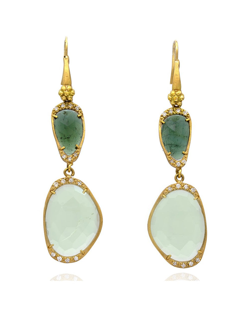 Nouveau 1910 14ky Green Tourmaline, Green Amethyst and Diamond Earrings