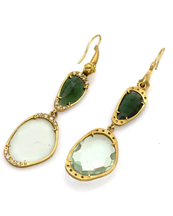 Nouveau 1910 14ky Green Tourmaline, Green Amethyst and Diamond Earrings