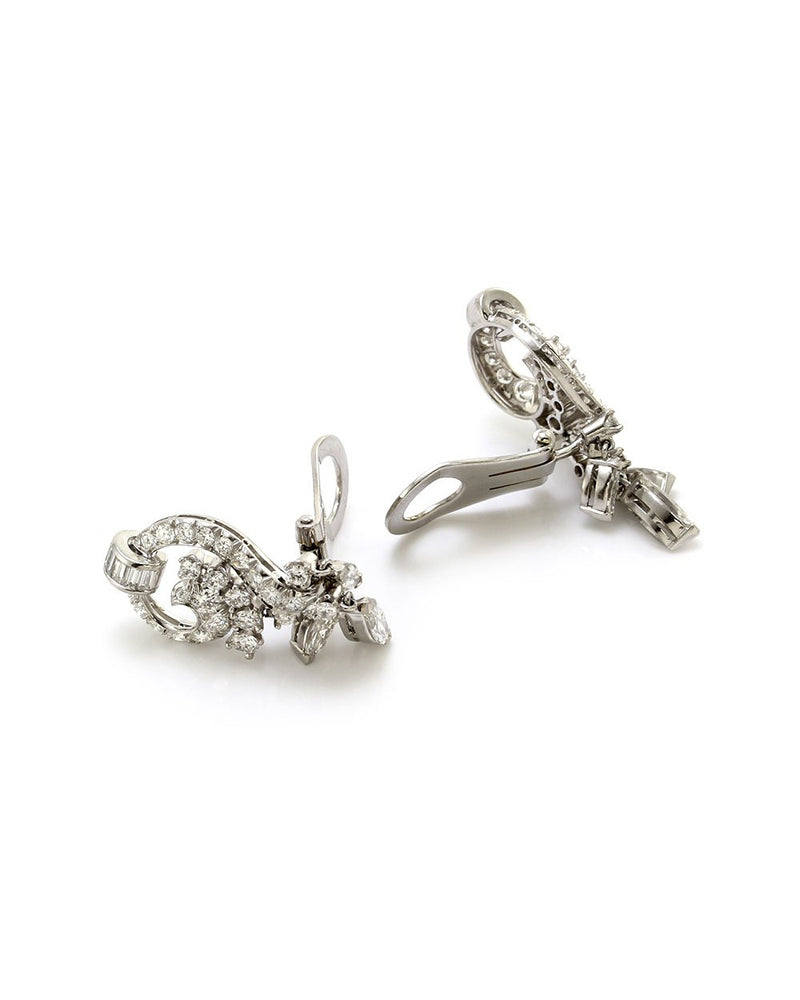 Mid-Century Diamond Drop Platinum Earrings