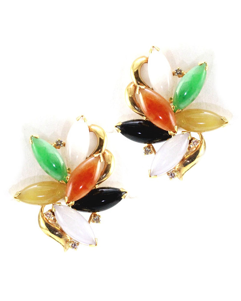 Multi-Color Jade Cabochon and Diamond Earrings in Gold