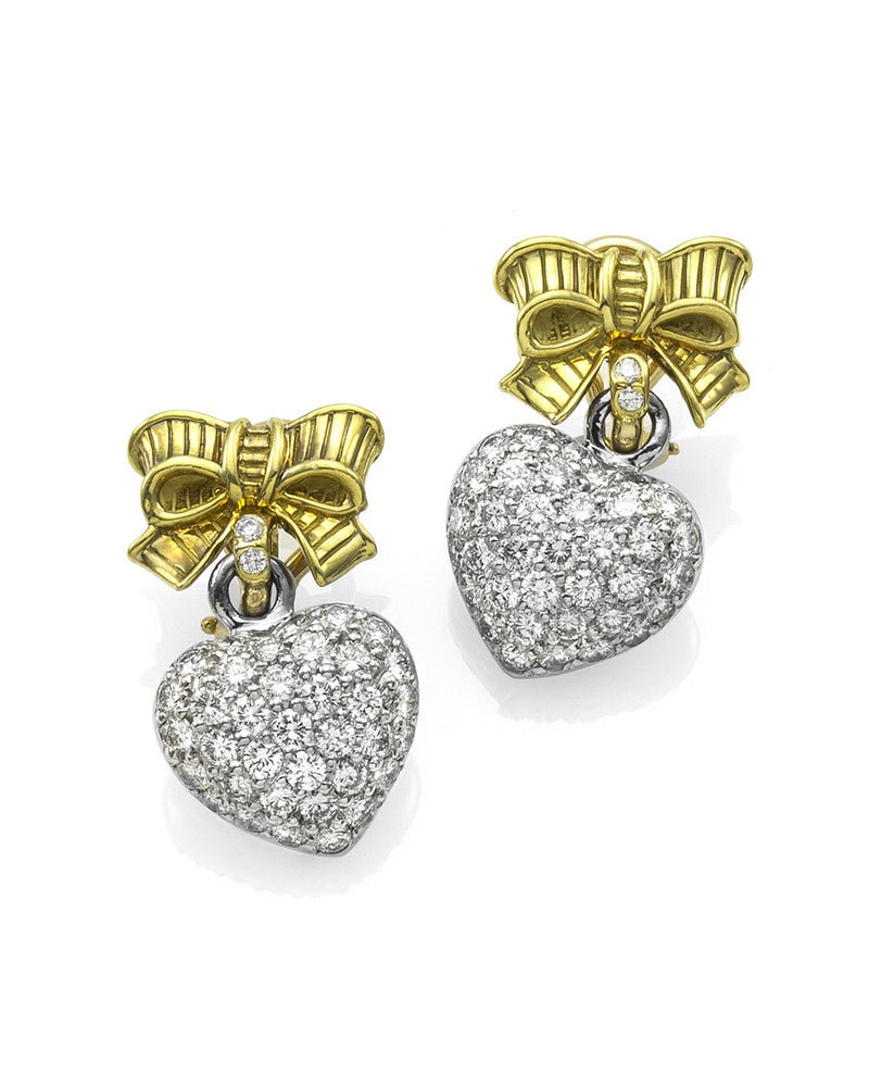 Pave Diamond Heart Dangle Earrings in 18K Yellow Gold & Platinum