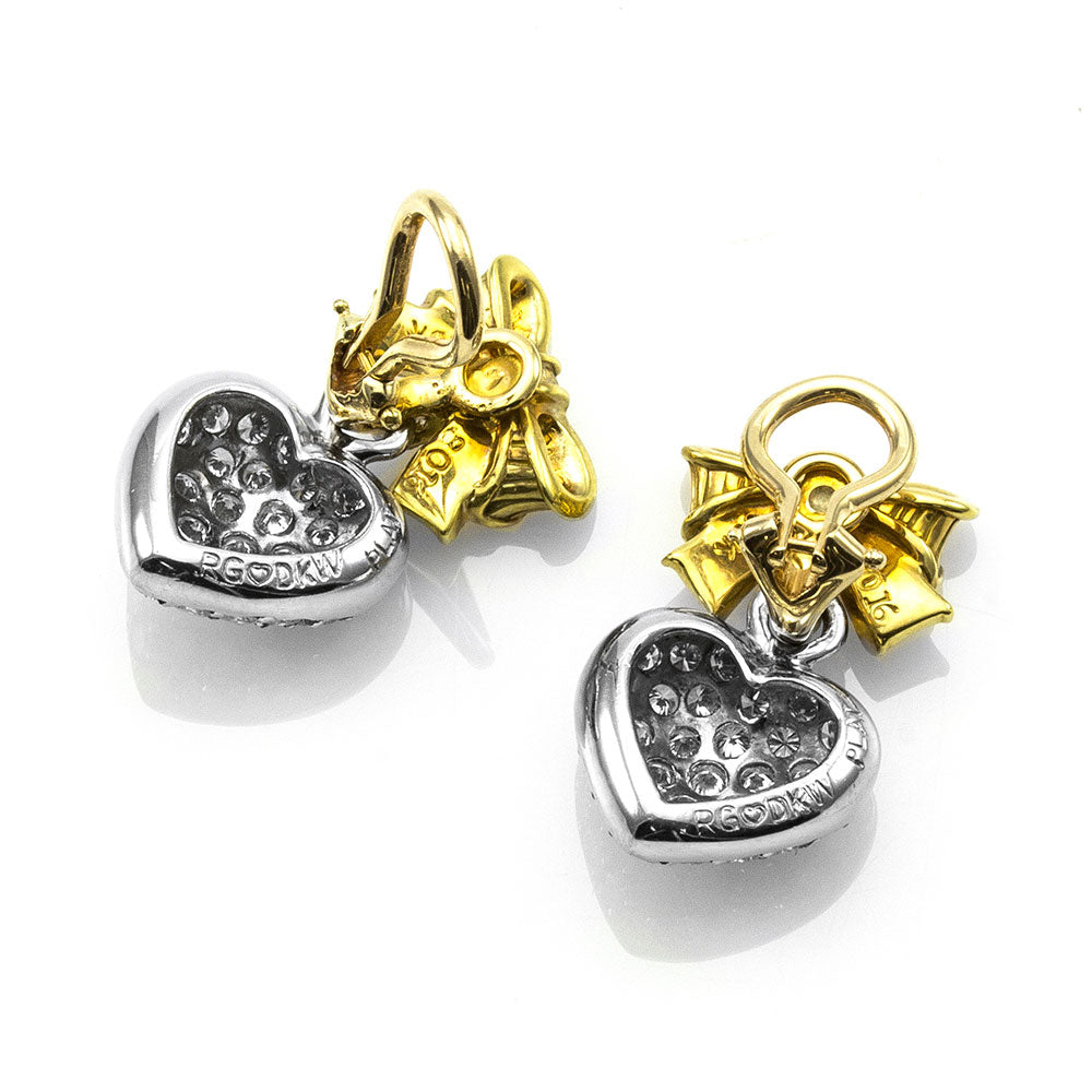 Pave Diamond Heart Dangle Earrings in 18K Yellow Gold & Platinum