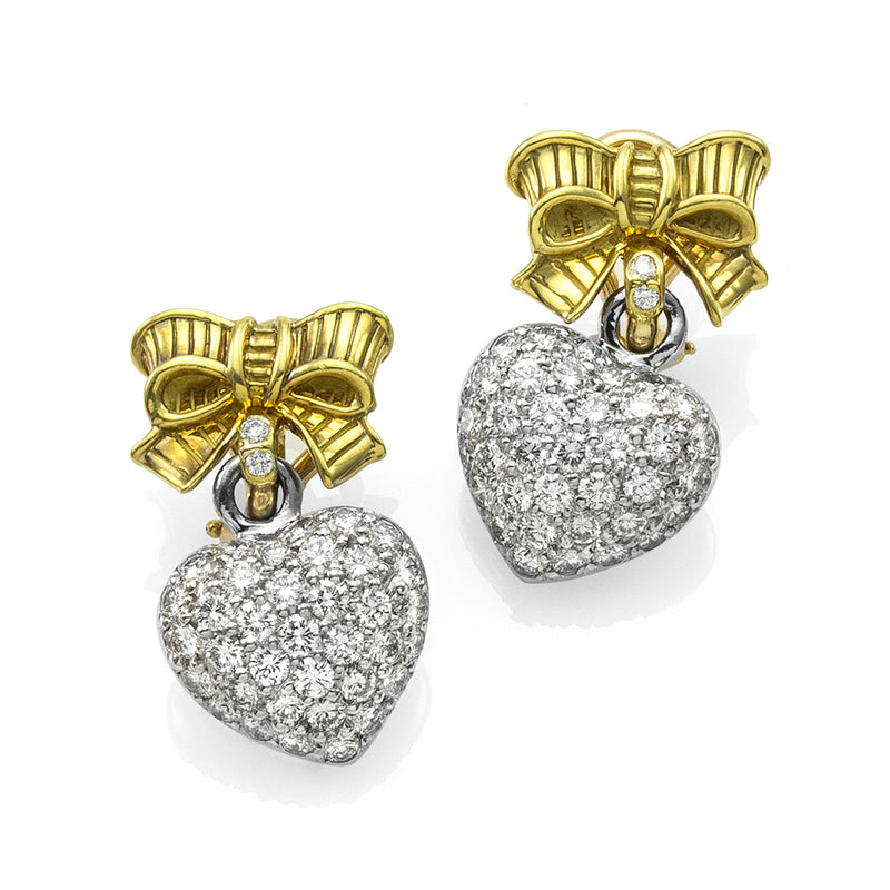 Pave Diamond Heart Dangle Earrings in 18K Yellow Gold & Platinum