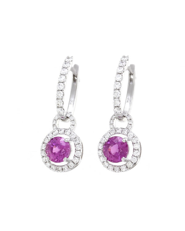 Pave Diamond Hoops with Pink Sapphire Diamond Halo Charms in Gold