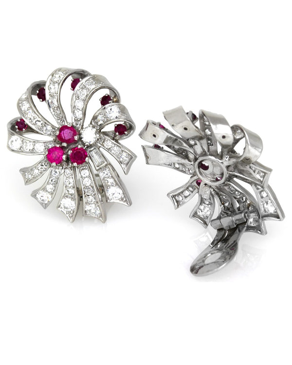 Retro Ruby & Pave Diamond Bow/ Ribbon Clip On Earrings in Platinum