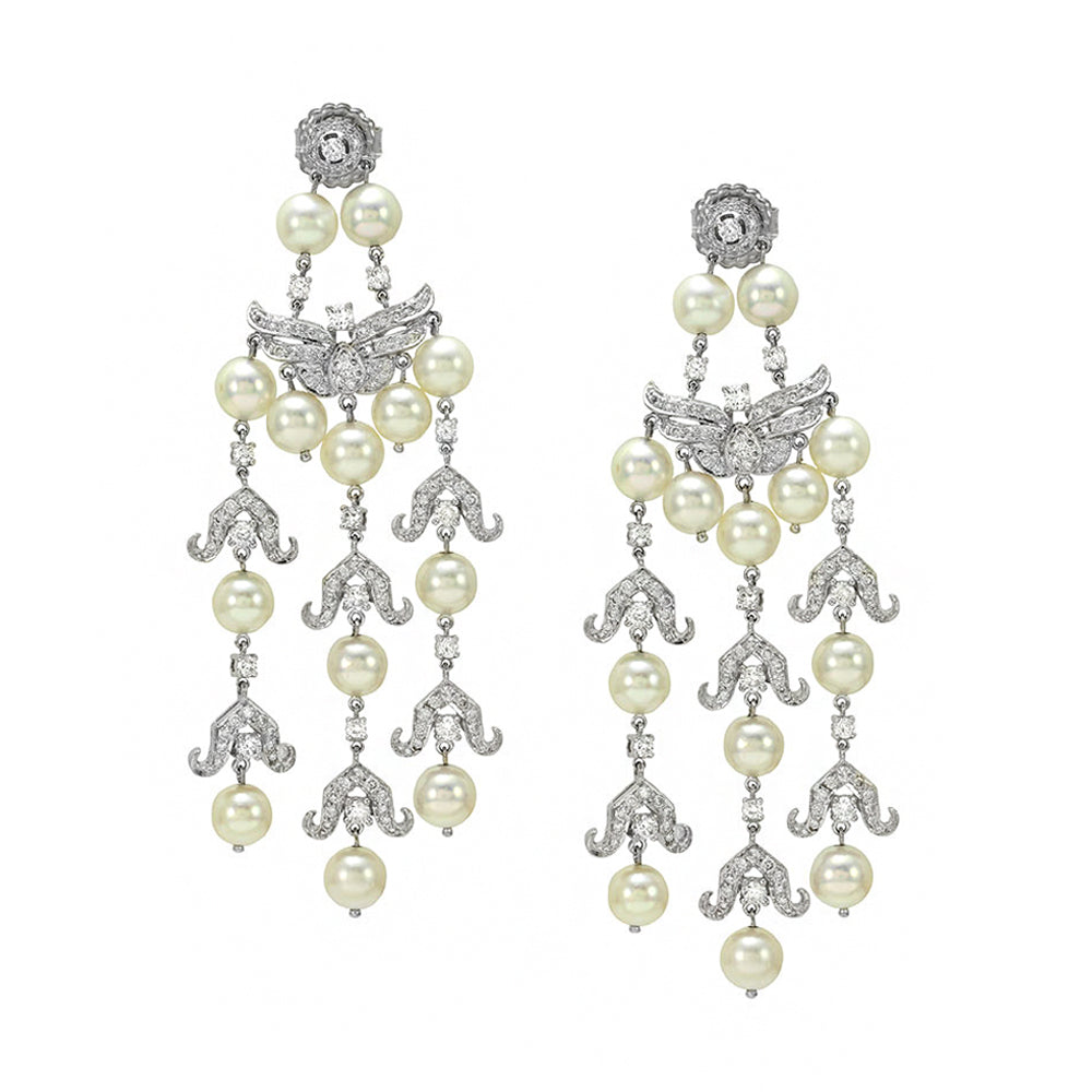 Pearl and Pave Diamond Chandelier Earrings in Gold