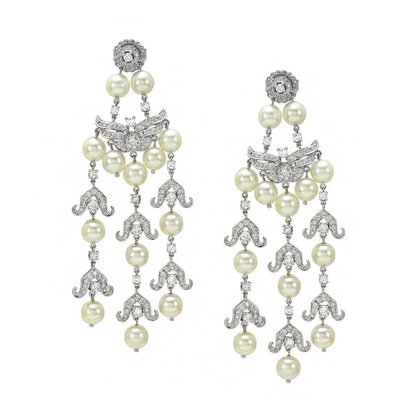 Pearl and Pave Diamond Chandelier Earrings in Gold