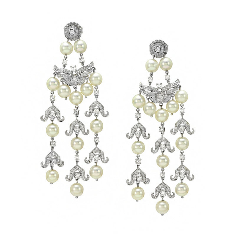 Pearl and Pave Diamond Chandelier Earrings in Gold
