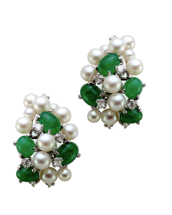 Vintage Genuine Emerald & Pearl Cluster Earrings with Diamonds in 14K White Gold