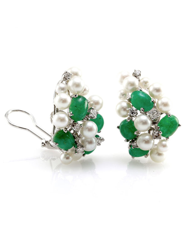 Vintage Genuine Emerald & Pearl Cluster Earrings with Diamonds in 14K White Gold