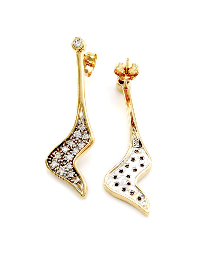 Pave Diamond Wave Drop Earrings in 14K Yellow Gold