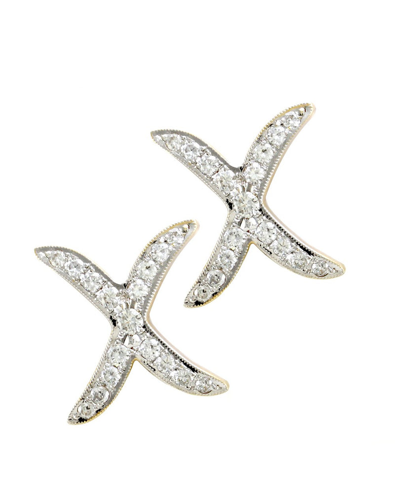 Diamond 'X' Earrings with Milgrain Accent in White and Yellow Gold