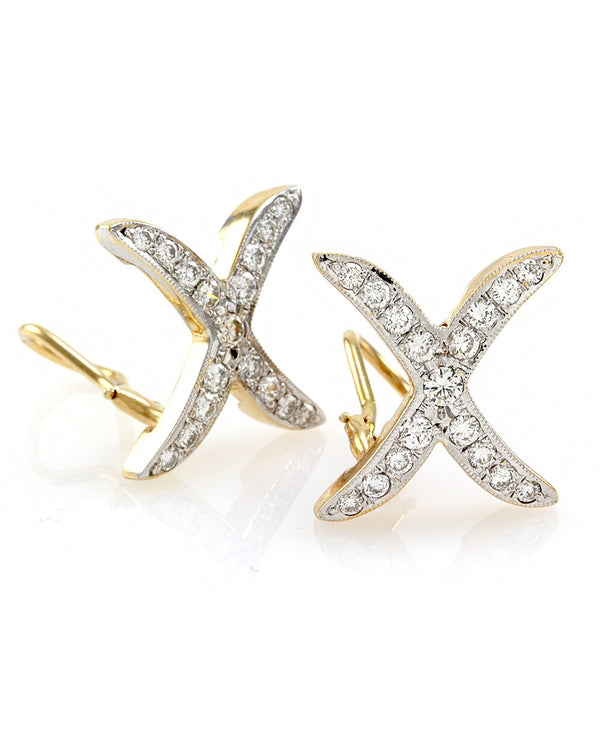 Diamond 'X' Earrings with Milgrain Accent in White and Yellow Gold