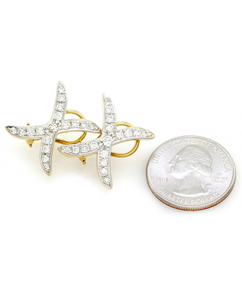 Diamond 'X' Earrings with Milgrain Accent in White and Yellow Gold