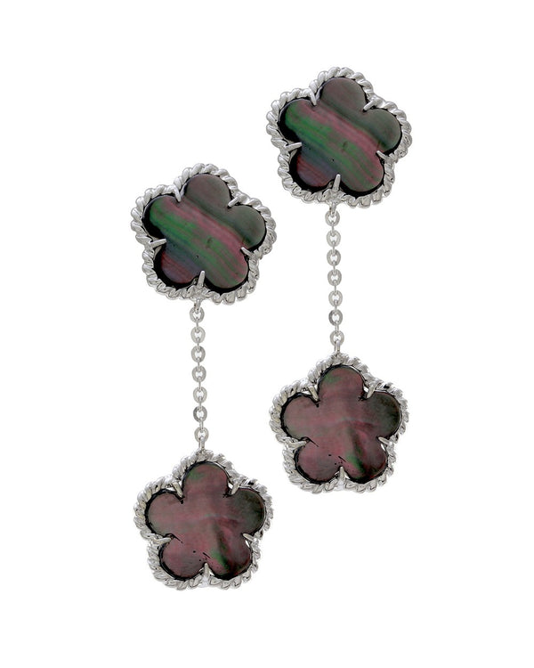 Black Mother of Pearl Clover Drop Earrings with Rope Details in 14K White Gold