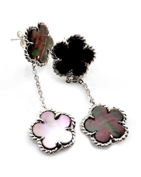 Black Mother of Pearl Clover Drop Earrings with Rope Details in 14K White Gold