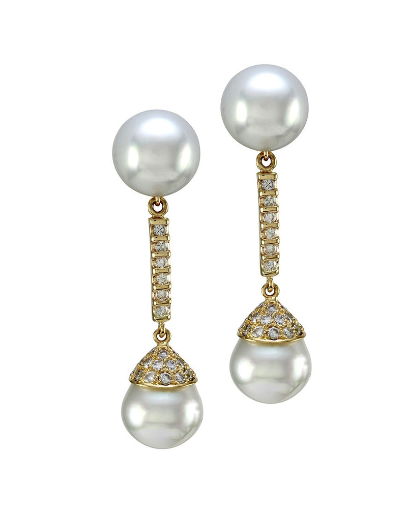 South Sea Pearl & Pave Diamond Drop Dangle Earrings in 18K Yellow Gold