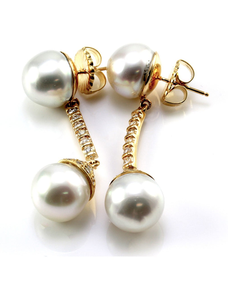 South Sea Pearl & Pave Diamond Drop Dangle Earrings in 18K Yellow Gold