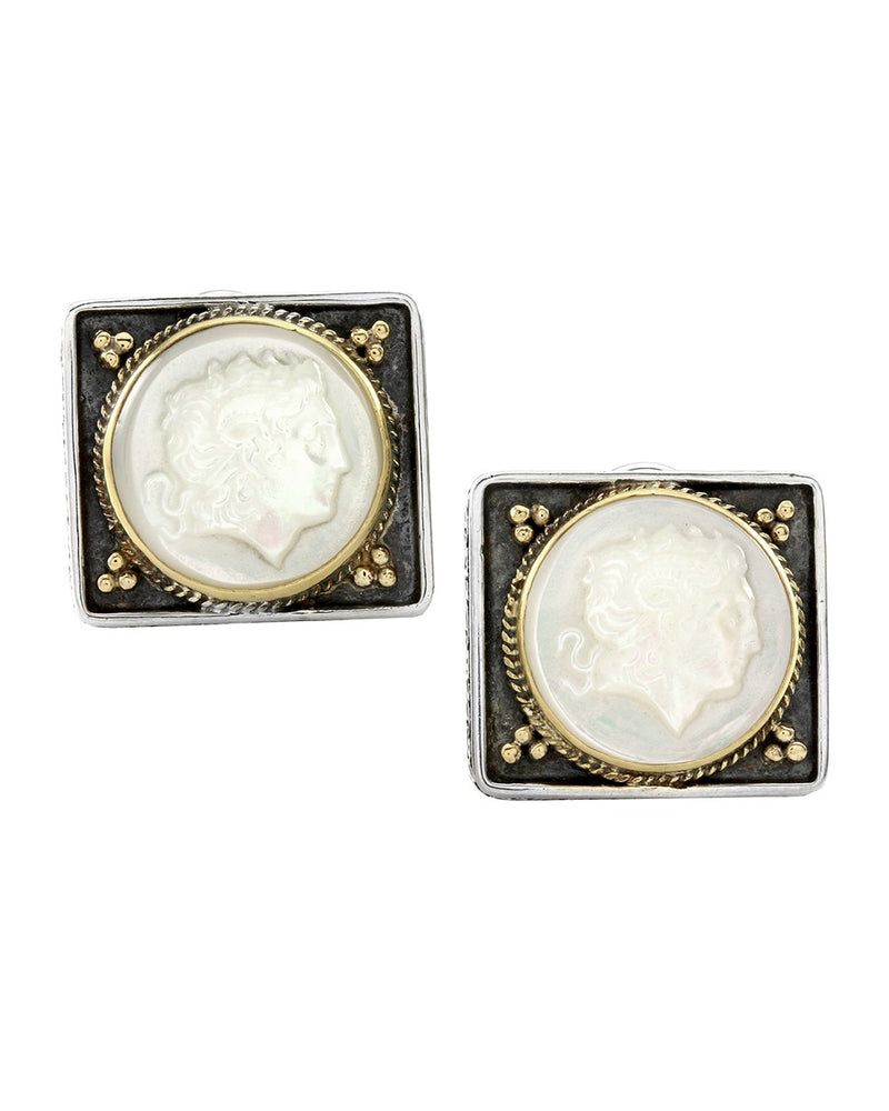 Konstantino MOP Alexander the Great Cameo Earrings in Sterling and Gold