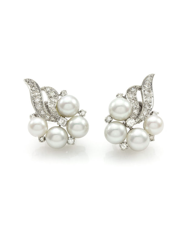 Vintage Mid-Century Diamond & Pearl Spray Earrings in 14K White Gold