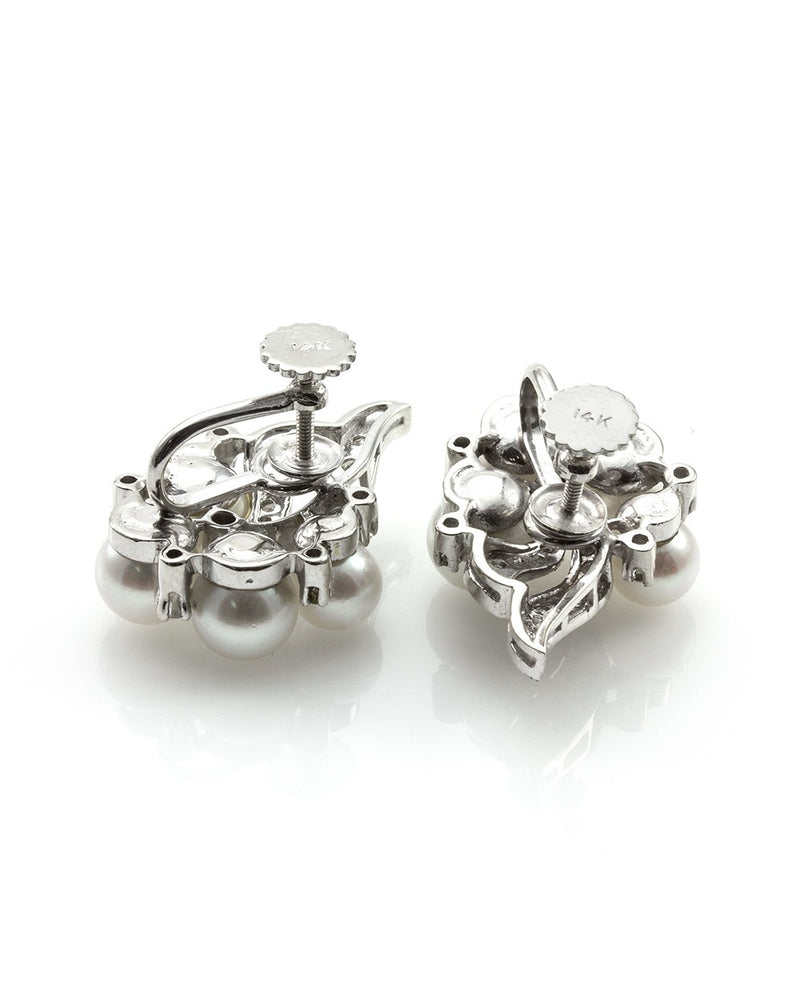 Vintage Mid-Century Diamond & Pearl Spray Earrings in 14K White Gold