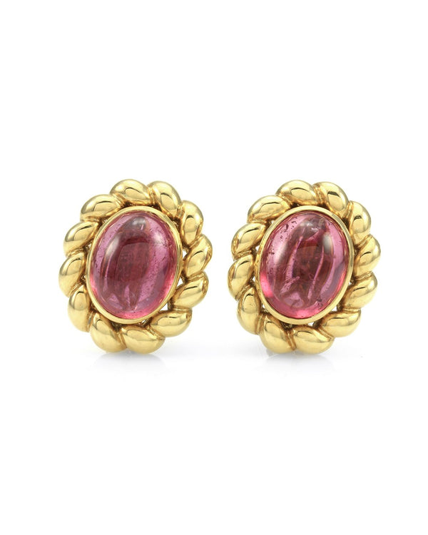 Cabochon Pink Tourmaline Button Earrings in 18K Yellow Gold