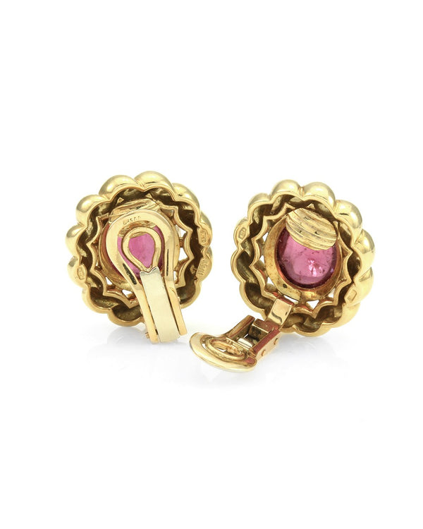 Cabochon Pink Tourmaline Button Earrings in 18K Yellow Gold