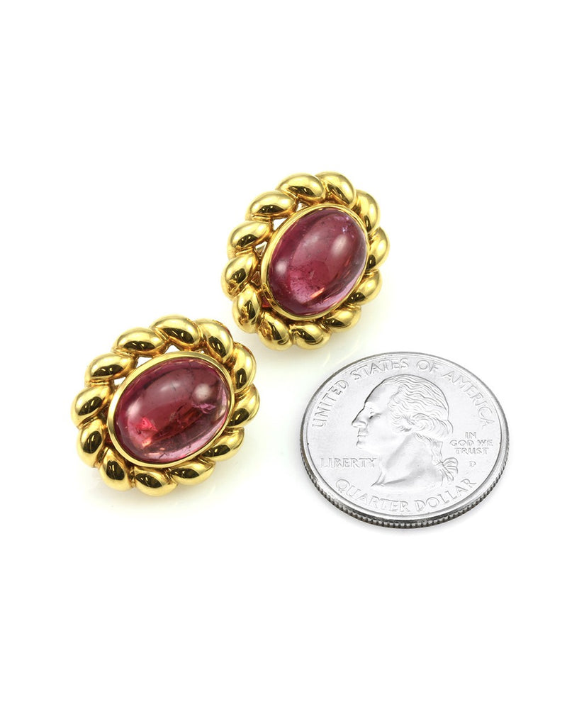 Cabochon Pink Tourmaline Button Earrings in 18K Yellow Gold