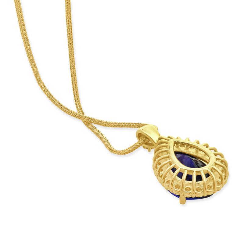 14 Karat Yellow Gold Pear Cut Tanzanite and Diamond Halo Necklace