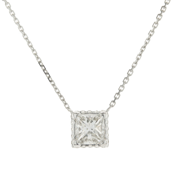14 Karat White Gold Princess Cut Diamond Halo Necklace