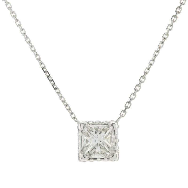 14 Karat White Gold Princess Cut Diamond Halo Necklace